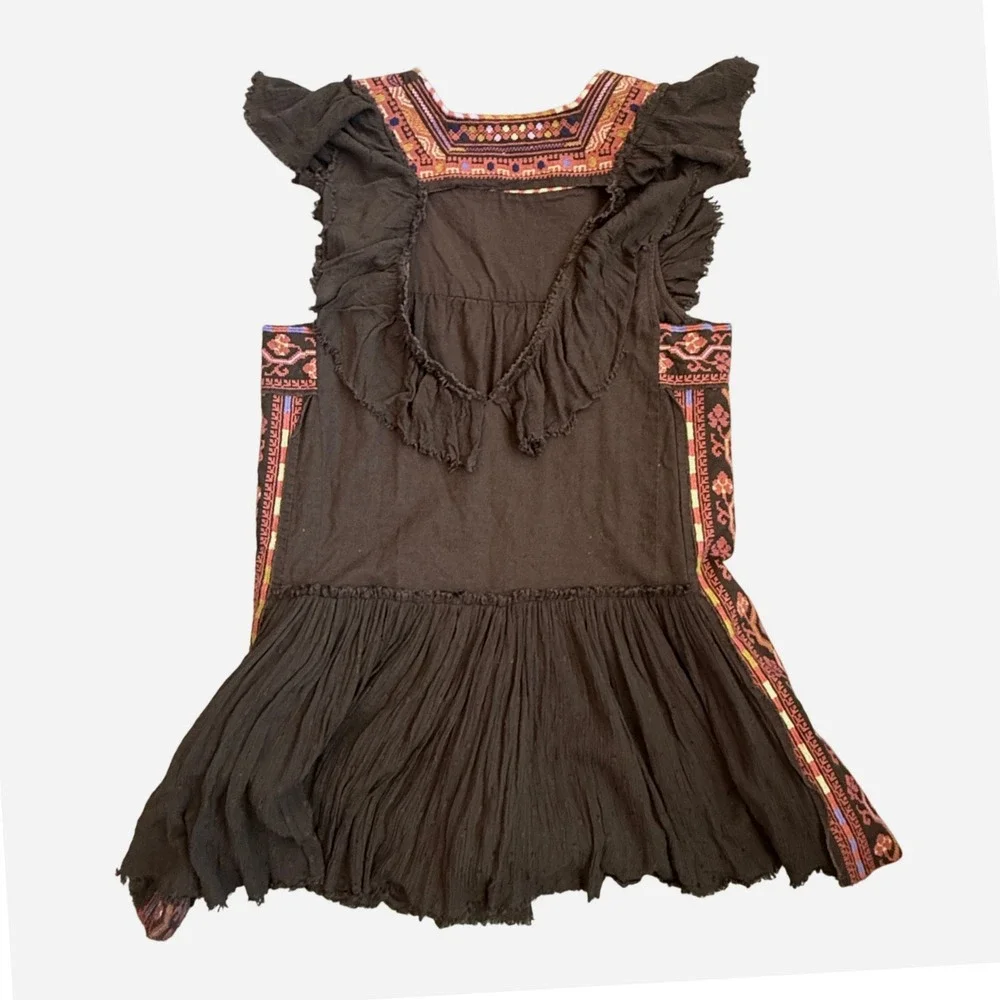 Free People Size‎ Small Embroidered Boho Mini Dress Brown Ruffle Sleeve Festival